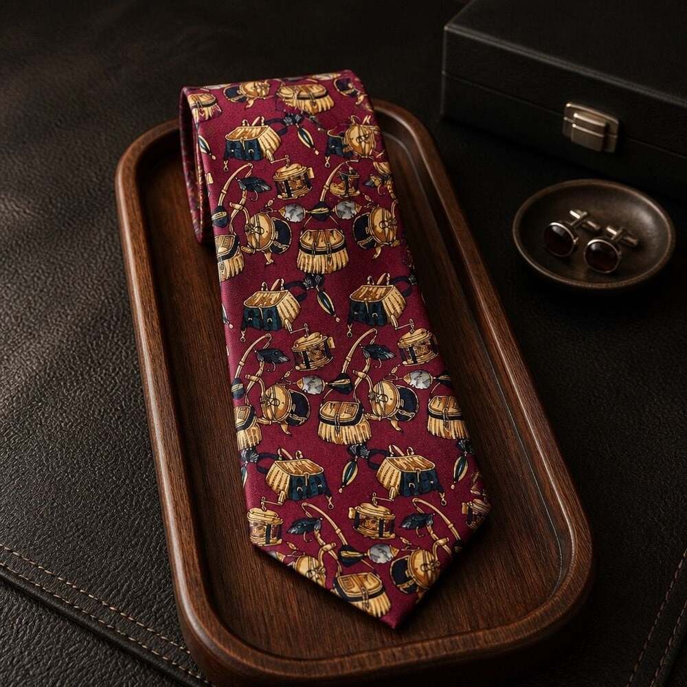 G.J. Cahn Vintage Fishing Theme Silk Necktie Burgundy